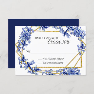 Invitation RSVP Influence asiatique Marine Blue Floral Chinoi