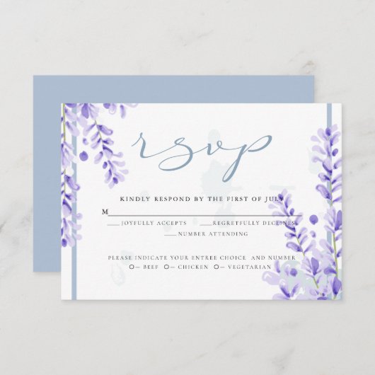 Invitation RSVP | Lavande d'aquarelle - Flore bleu poussiéreu (Devant / Derrière)