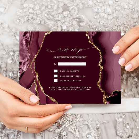 Invitation RSVP Mariage Agate Bourgogne & Or