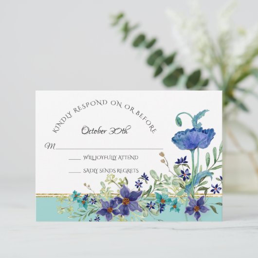 Invitation RSVP Mariage Aqua Blue w Poppy aquarelle Floral (Debout devant)