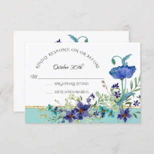 Invitation RSVP Mariage Aqua Blue w Poppy aquarelle Floral