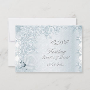Invitation RSVP Mariage Blanc Argent Fleurs Roses Flocons de