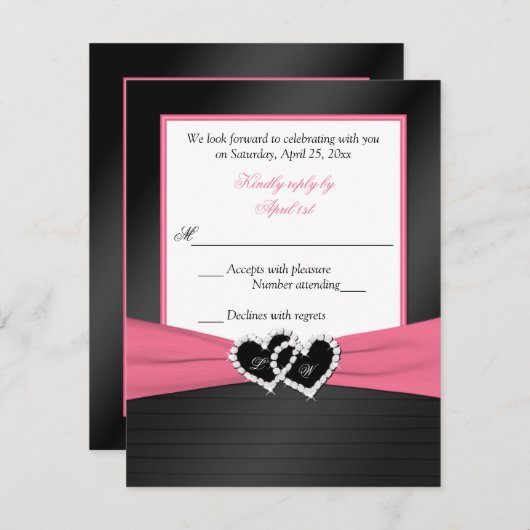 Invitation RSVP Mariage Blanc Rose Foncé FAUX Plis Cœurs (Devant / Derrière)