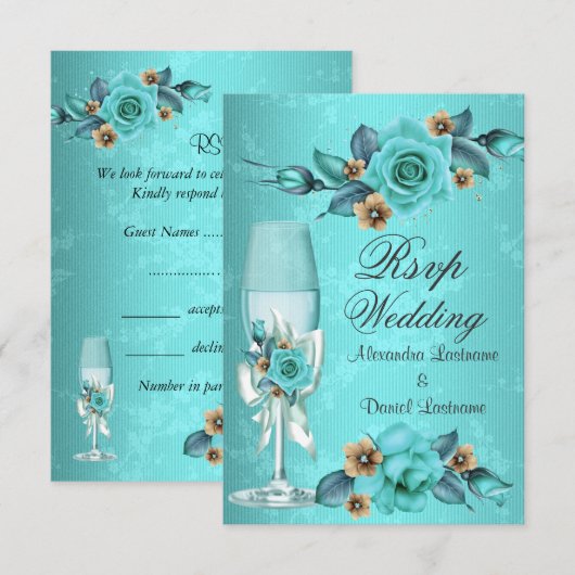 Invitation RSVP Mariage Bleu Canard Champagne Roses Fleurs  (Devant / Derrière)