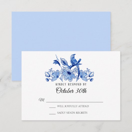 Invitation RSVP Mariage Bleu Clair Floral Chinoiserie Aquarel (Devant / Derrière)