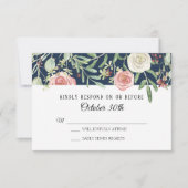 Invitation RSVP Mariage Bleu Marine Blanc Rosé Feuillage Feui (Devant)