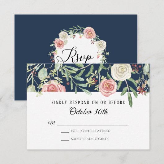 Invitation RSVP Mariage Bleu Marine Blanc Rosé Feuillage Feui (Devant / Derrière)