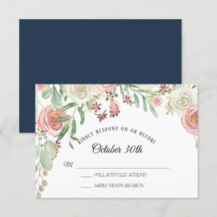 Invitation RSVP Mariage Bleu Marine Pâle Rosé Roses Florales