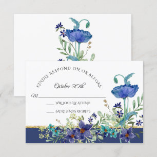 Invitation RSVP Mariage Bleu Poppy Foliage Aquarelle Florale