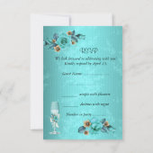Invitation RSVP Mariage Bleu Sarcelle Roses Fleurs Champagne  (Dos)
