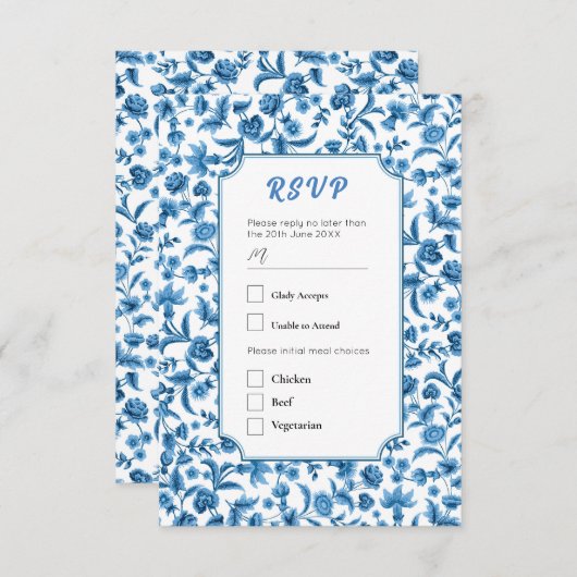 Invitation RSVP Mariage Chintz Bleu & Blanc Floral Ditsy (Devant / Derrière)