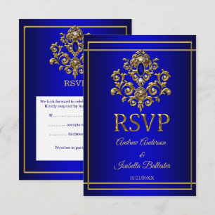 Invitation RSVP Mariage Élégant Bleu Royal Or Joyau 2
