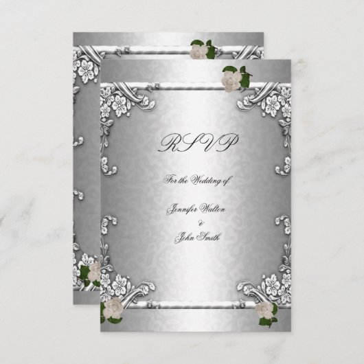 Invitation RSVP Mariage Élégant Rose Argent Blanc (Devant / Derrière)