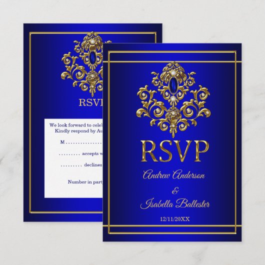Invitation RSVP Mariage Elegant Royal Blue Gold Jewel 2 (Devant / Derrière)