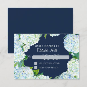 Invitation RSVP Mariage Fleur Hydrangea Blanc Bleu Marine