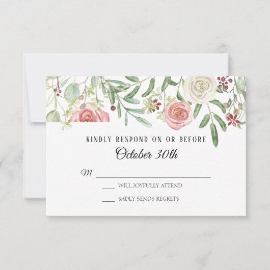 Invitation RSVP Mariage Fleurs de Rosier Blanches Feuillage F (Devant)