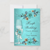 Invitation RSVP Mariage Fleurs Roses Champagne Bleu sarcelle (Devant)