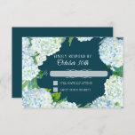 Invitation RSVP Mariage Floral Blanc Hydrangée Peacock Bleu<br><div class="desc">Doté d'oeuvres originales d'Audrey Jeanne. Carte de retour de réponse RSVP pour les invitations de mariage. Une couronne lâche d'hydrangées blanches et bleues se distingue par son riche arrière - plan bleu paon foncé au texte blanc. Copyright,  Audrey Jeanne Roberts.</div>