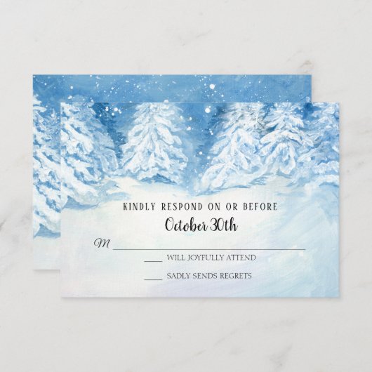 Invitation RSVP Mariage Forêt Hivernale Arbres enneigés Aquar (Devant / Derrière)