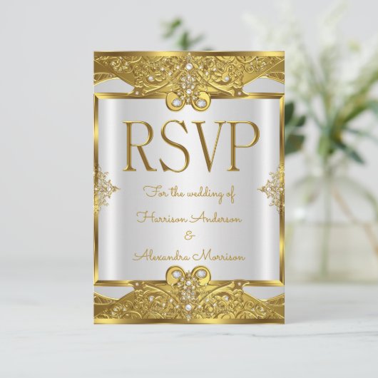 Invitation RSVP Mariage Gold White Pearles Golden Frame (Debout devant)