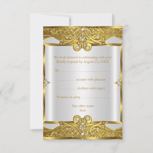 Invitation RSVP Mariage Gold White Pearles Golden Frame (Dos)