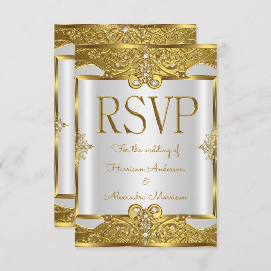 Invitation RSVP Mariage Gold White Pearles Golden Frame (Devant / Derrière)