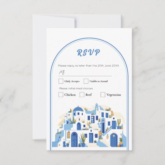 Invitation RSVP Mariage grec Santorin Grèce bleu (Devant)
