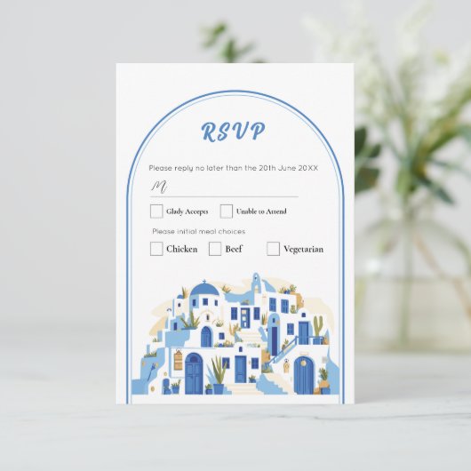 Invitation RSVP Mariage grec Santorin Grèce bleu (Debout devant)
