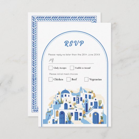 Invitation RSVP Mariage grec Santorin Grèce bleu (Devant / Derrière)