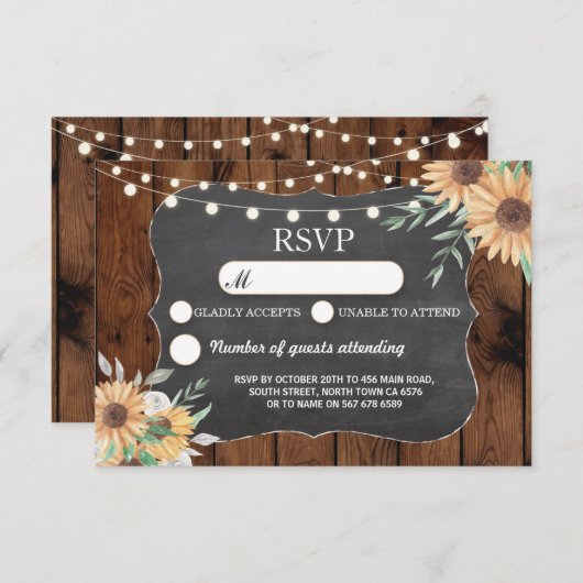 Invitation RSVP Mariage Lumières rustiques Tournesol Répondre (Devant / Derrière)