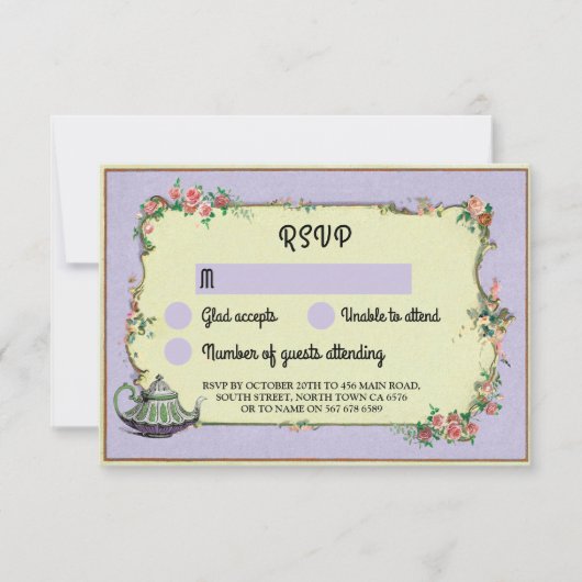 Invitation RSVP Mariage Merveilleuse Théière Fleurs Violettes (Devant)