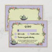 Invitation RSVP Mariage Merveilleuse Théière Fleurs Violettes (Devant / Derrière)