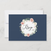 Invitation RSVP Mariage Navy Baiser Ivoire Rose Feuillage Feu (Dos)