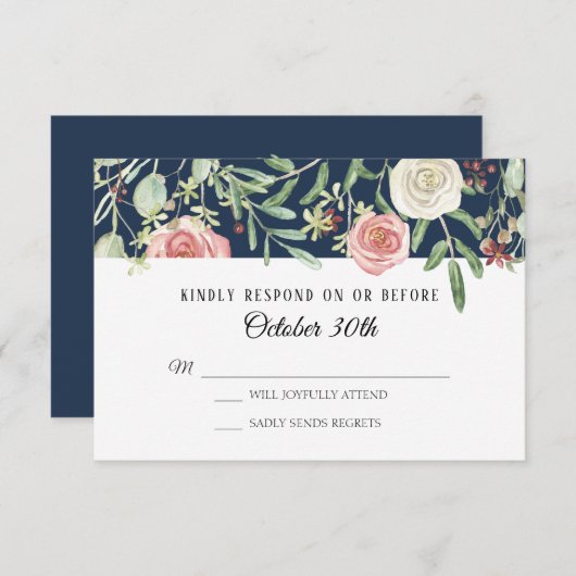 Invitation RSVP Mariage Navy Blush Ivory Rose Folift Leaf (Devant / Derrière)