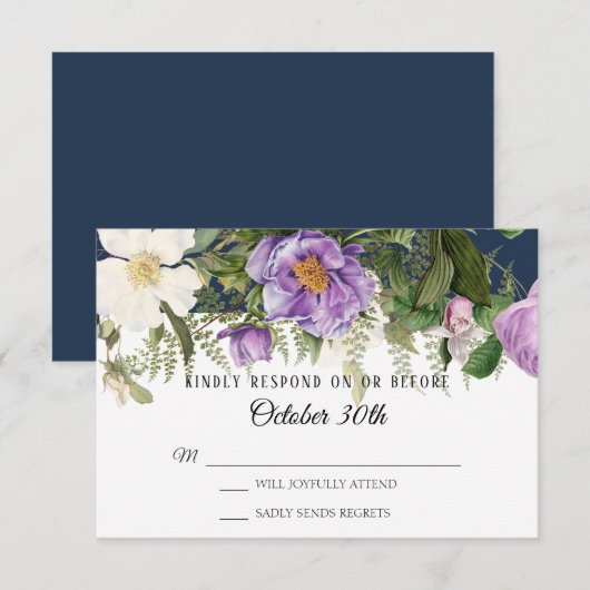 Invitation RSVP Mariage Navy Pourpre Ivoire Rose Pivoine Foug (Devant / Derrière)