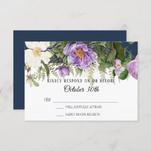 Invitation RSVP Mariage Navy violet ivoire Rose Peony Ferns