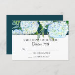 Invitation RSVP Mariage Peint Blanc Hydrangeas Peacock Bleu<br><div class="desc">Carte de retour de réponse RSVP pour les invitations officielles à un mariage. Style botanique vintage mais de nouvelles oeuvres d'art des plus prolifiques et les plus belles fleurs d'été hydrangées de boule de neige blanche sont jumelées avec feuilles de pivoines et feuillage. Le côté inverse a un arrière -...</div>