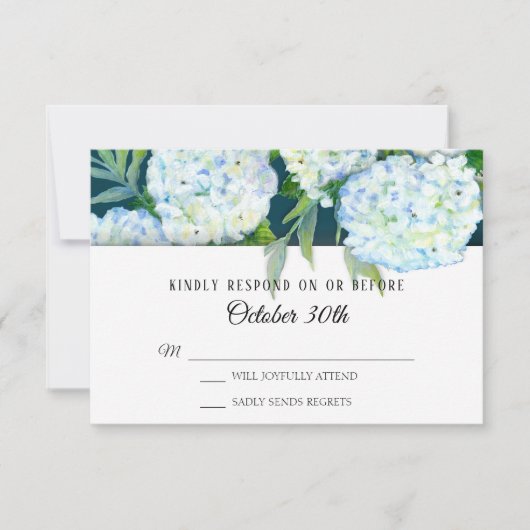 Invitation RSVP Mariage Peints Hydrangeas Blancs Bleu Paon (Devant)