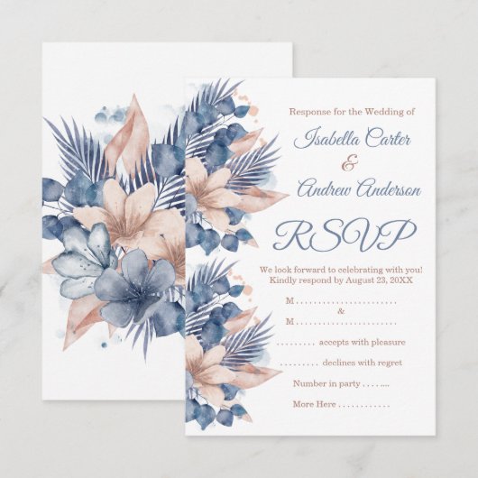 Invitation RSVP Mariage Rose Bleu Pêche Beige Floral Blanc (Devant / Derrière)