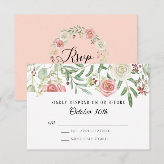 Invitation RSVP Mariage Rose Fleur Blush Ivoire Feuillage Feu (Devant / Derrière)