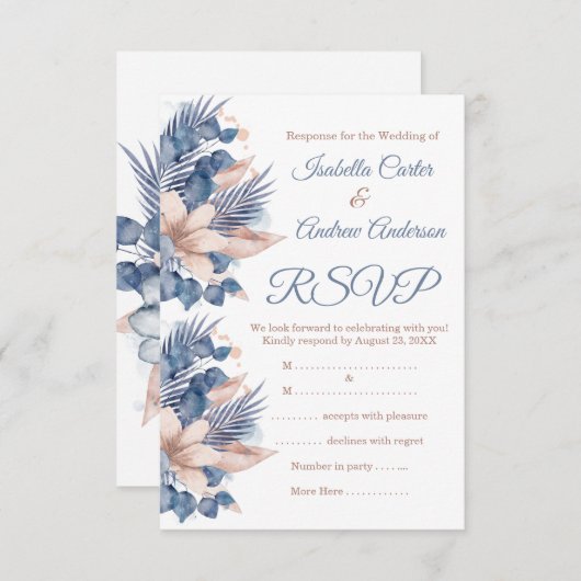 Invitation RSVP Mariage Rose Pâle Bleu Pêche Beige Floral Bla (Devant / Derrière)