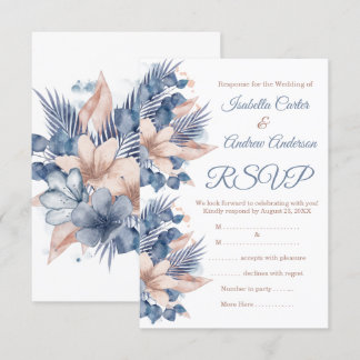 Invitation RSVP Mariage Rose Pâle Bleu Pêche Beige Floral Bla