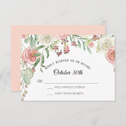 Invitation RSVP Mariage Roses Fleurales Rose Pâle Ivoire (Devant / Derrière)
