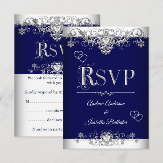 Invitation RSVP Mariage Royal Bleu Diamant Argent Cœurs (Devant / Derrière)