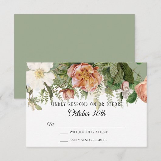 Invitation RSVP Mariage Sage Bruyère Rose Pivoine Fougères (Devant / Derrière)