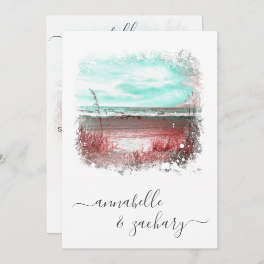 Invitation ** RSVP - Mariage Sea Beach Ocean QR AR7 (Devant / Derrière)