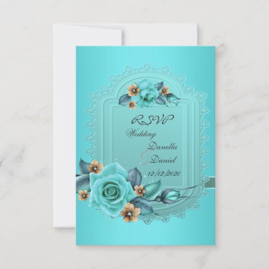 Invitation RSVP Mariage Turquoise Bleu Beige Rose Fleurs 2 (Devant)
