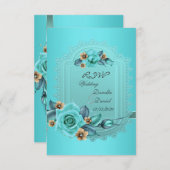 Invitation RSVP Mariage Turquoise Bleu Beige Rose Fleurs 2 (Devant / Derrière)