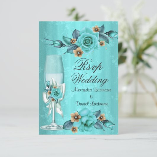 Invitation RSVP Mariage Turquoise Champagne Rose Fleurs (Debout devant)