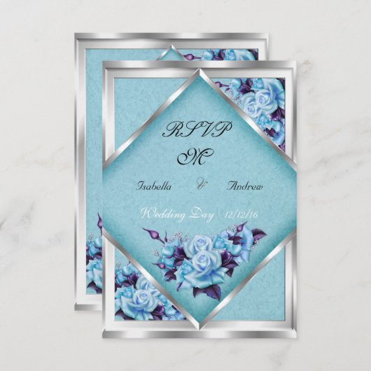 Invitation RSVP Mariage Turquoise violet Roses d'argent Bouqu (Devant / Derrière)